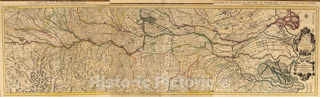 Historic Map : France, Po River Valley (Italy)Le Cours du Po. Dedie au Roy. Par Son tres Humble, Vintage Wall Art