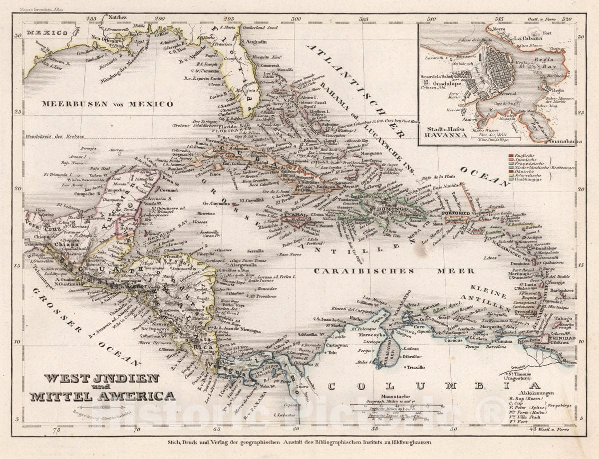 Historic Map : West Jndien und Mittel America, 1854 Atlas - Vintage Wall Art