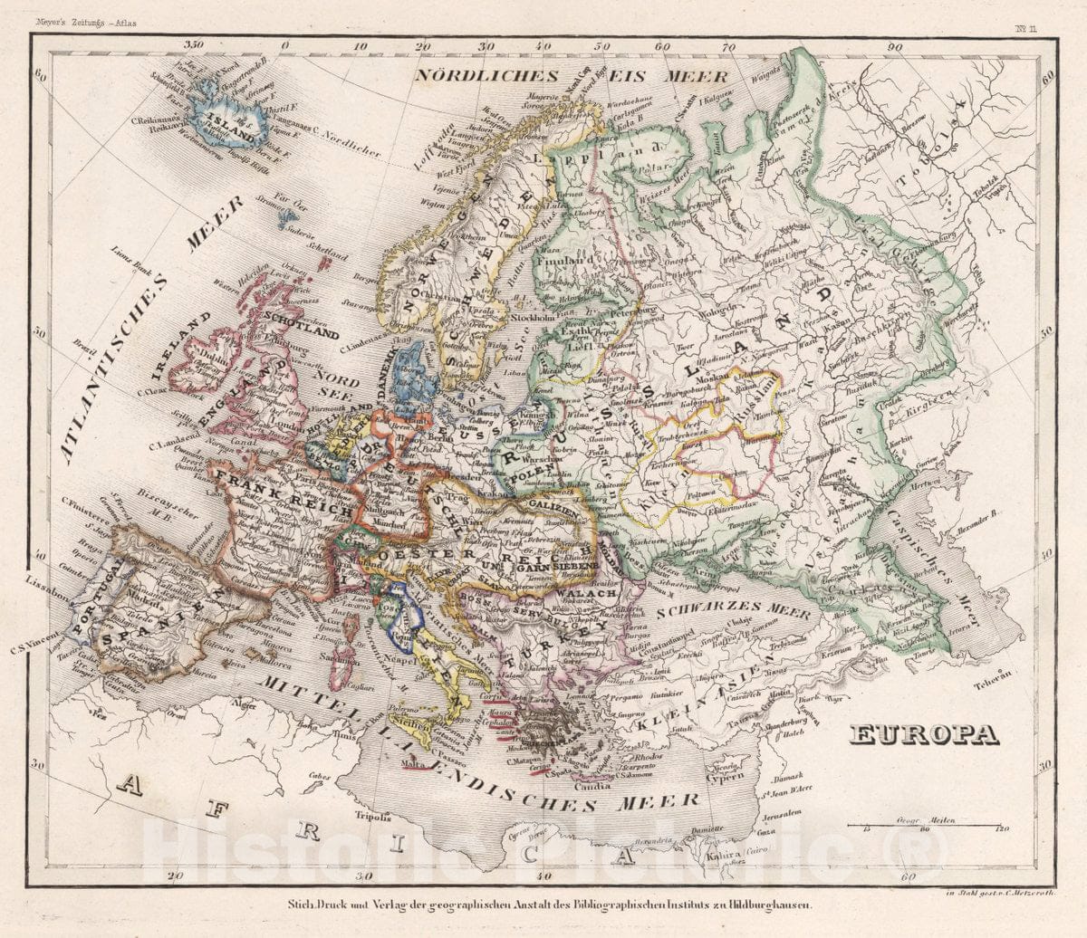 Historic Wall Map : Europa. In stahl. gest. v. C. Metzeroth. Stich, Druck, 1854 - Vintage Wall Art