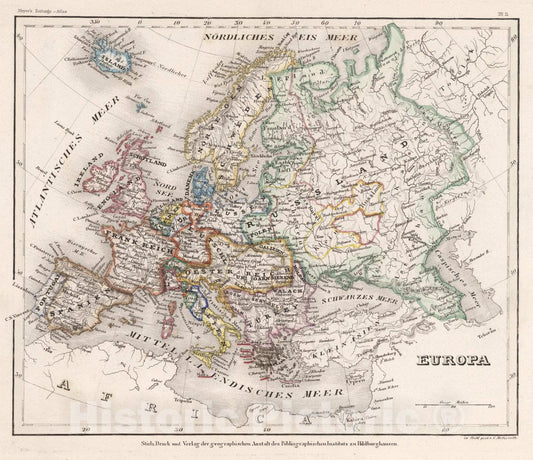 Historic Wall Map : Europa. In stahl. gest. v. C. Metzeroth. Stich, Druck, 1854 - Vintage Wall Art