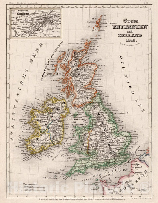 Historic Map : Great Britain, Gross. Britannien und Ireland, 1849 Atlas , Vintage Wall Art