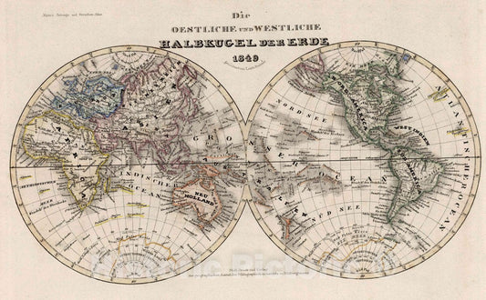 Historic Map : 1849 Die Oestliche und Westliche Halbkugel der Erde : Vintage Wall Art