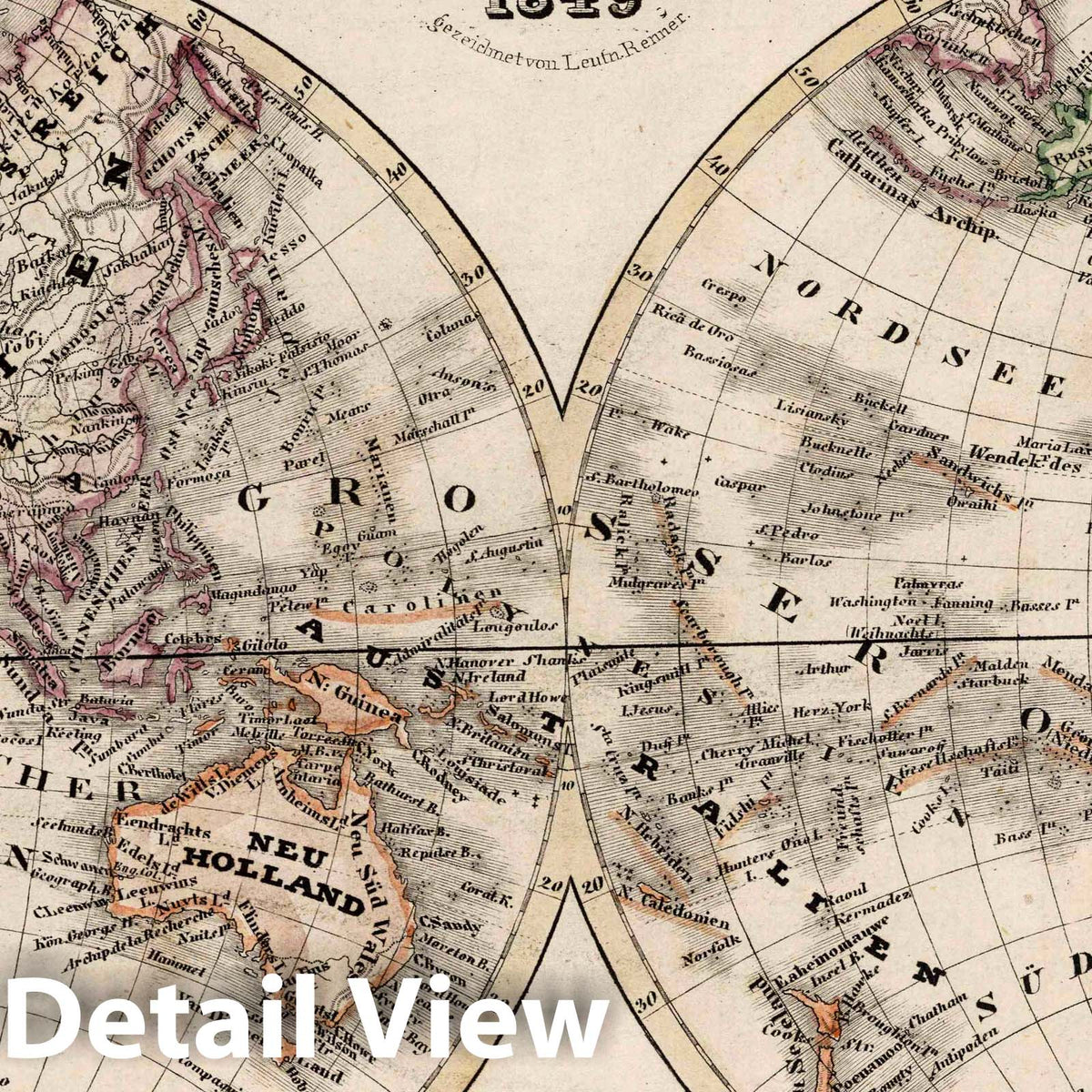 Eastern and Western Hemispheres, 1849 - Historical Map Print