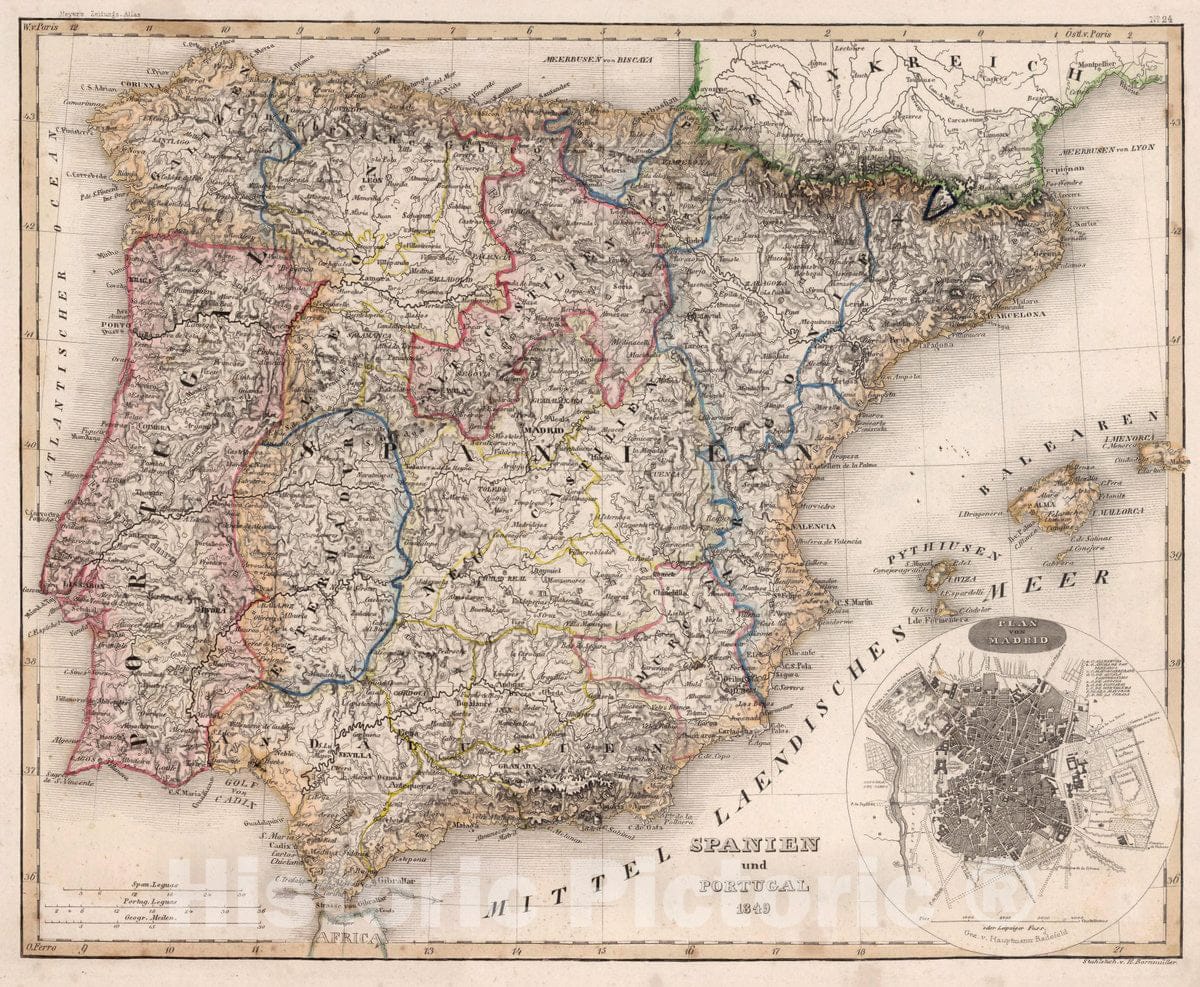 Historic Map : Spain, Spanien und Portugal 1849. Meyer's Zeitungs Atlas. No. 24, Vintage Wall Art