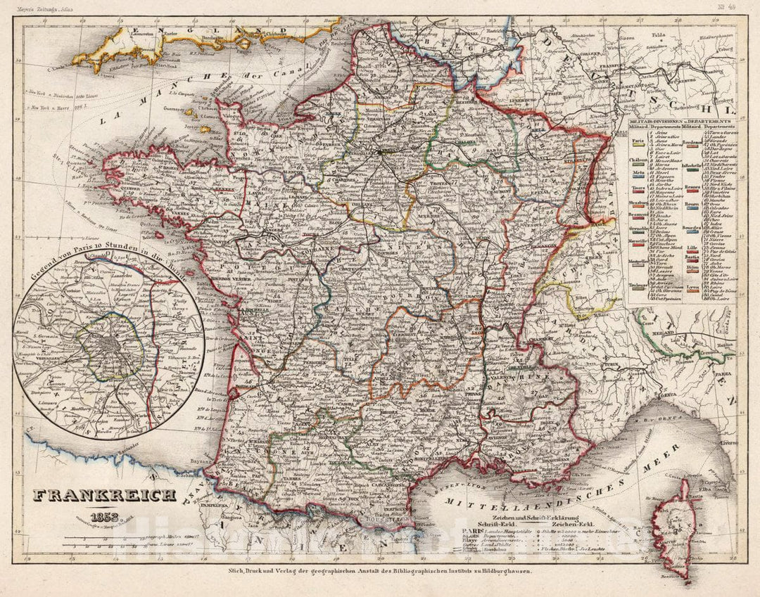 Historic Map : France, Frankreich 1853. Druck und verlag der geographischen Anstalt des Bibliographischen Instituts , Vintage Wall Art