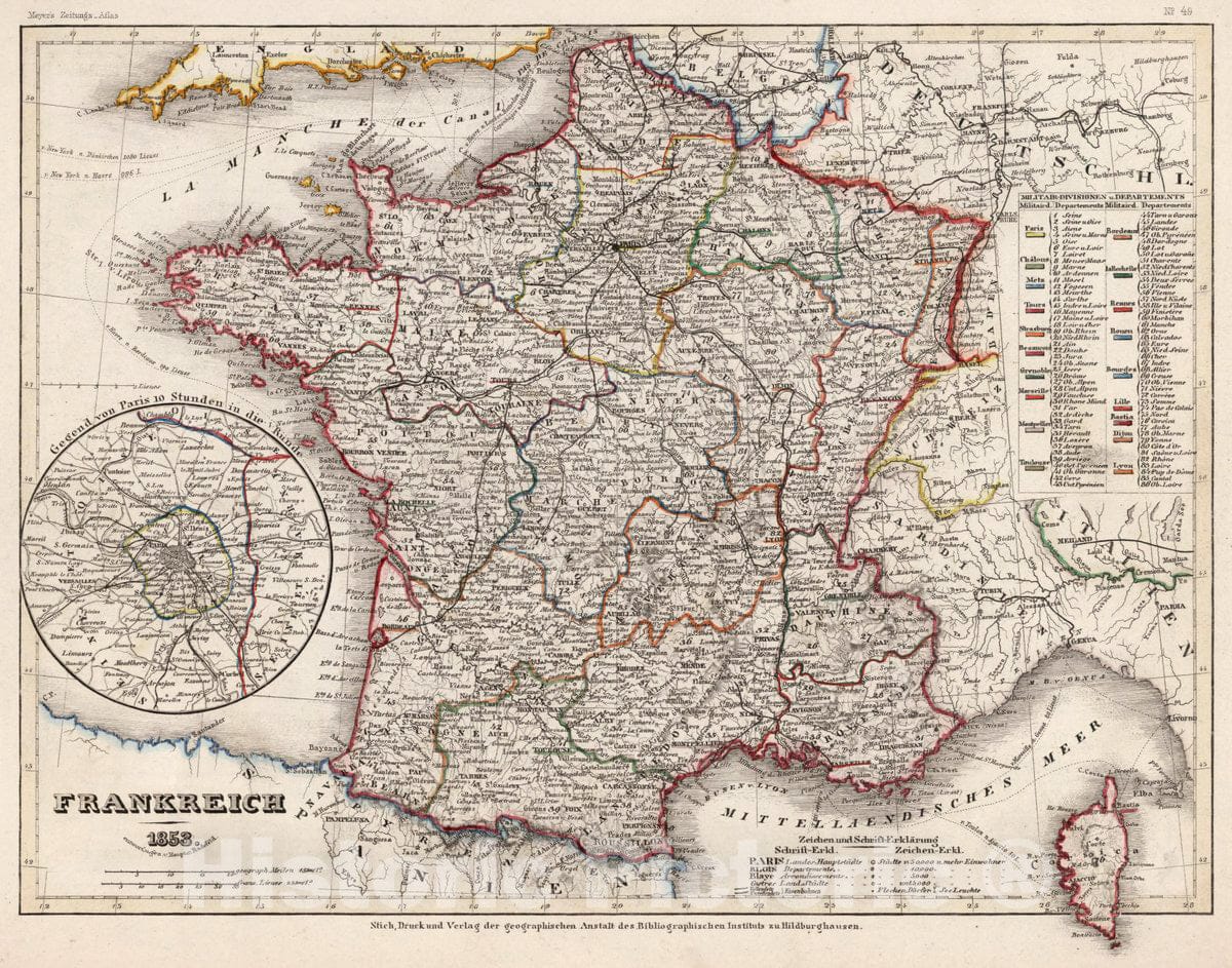 Historic Map : France, Frankreich 1853. Druck und verlag der geographischen Anstalt des Bibliographischen Instituts , Vintage Wall Art