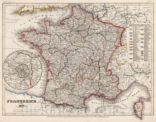 Historic Map : France, Frankreich 1853. Druck und verlag der geographischen Anstalt des Bibliographischen Instituts , Vintage Wall Art