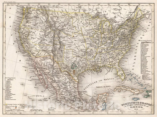 Historic Wall Map : United States, Vereinigte Staaten von Nord-America und Mexico , Vintage Wall Art
