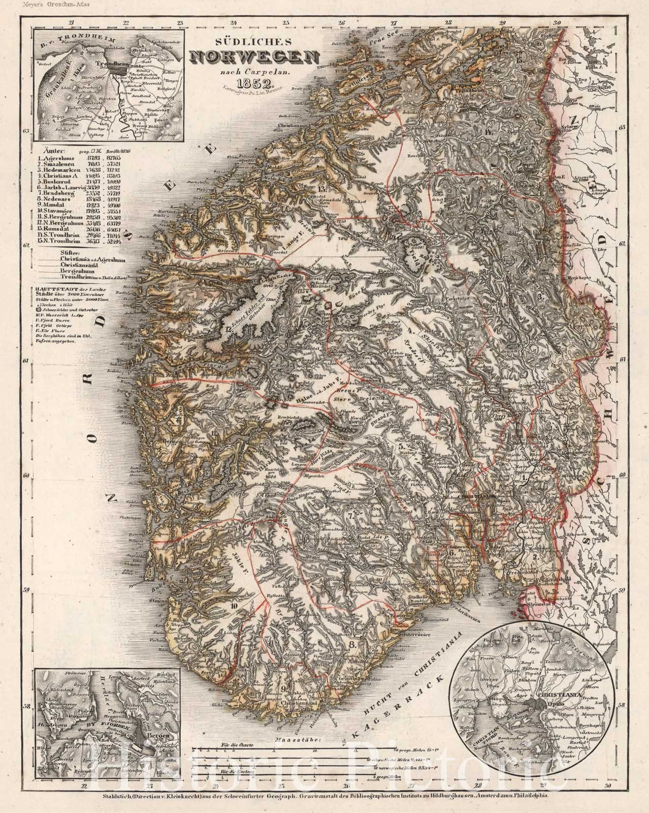 Historic Map : Norway, Sudliches Norwegen nach Carpelan, 1852 , Vintage Wall Art