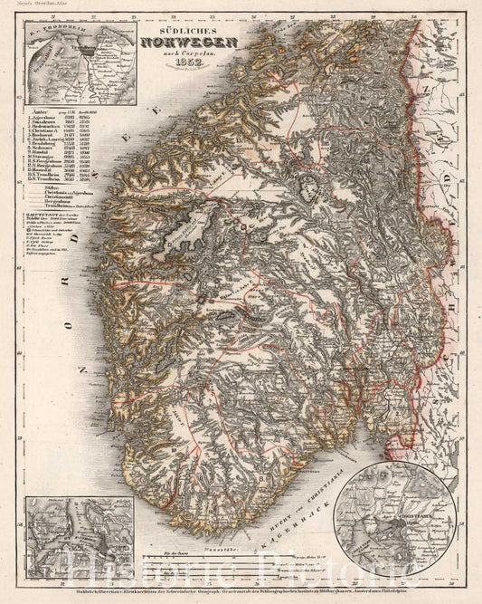 Southern Norway with Trondheim, Bergen, Oslo - 1852 Historical Map Print