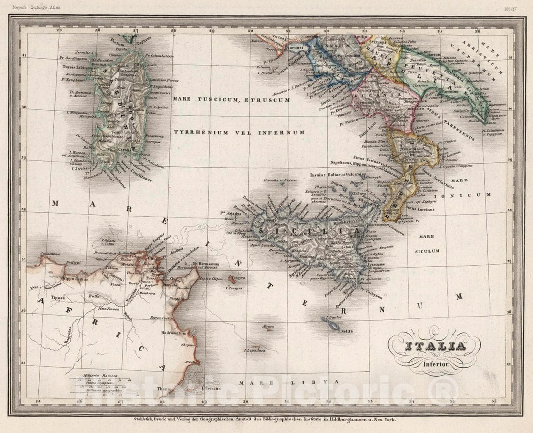 Historic Map : Italy, Italia Inferior. Stich, Druck und verlag der geographischen Anstalt des Bibliographischen Instituts , Vintage Wall Art