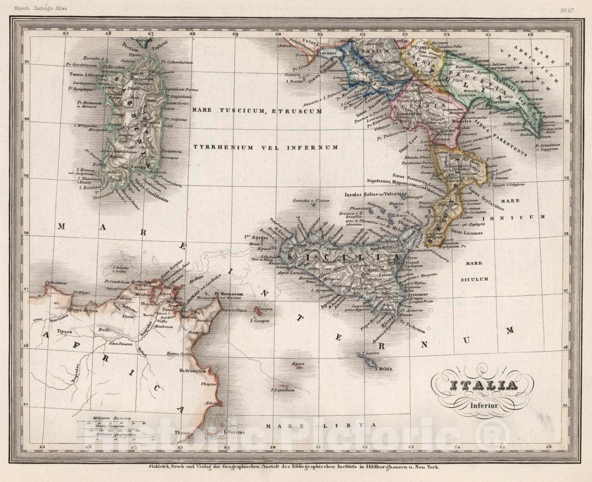 Historic Map : Italy, Italia Inferior. Stich, Druck und verlag der geographischen Anstalt des Bibliographischen Instituts , Vintage Wall Art