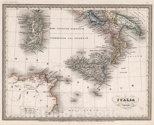 Historic Map : Italy, Italia Inferior. Stich, Druck und verlag der geographischen Anstalt des Bibliographischen Instituts , Vintage Wall Art
