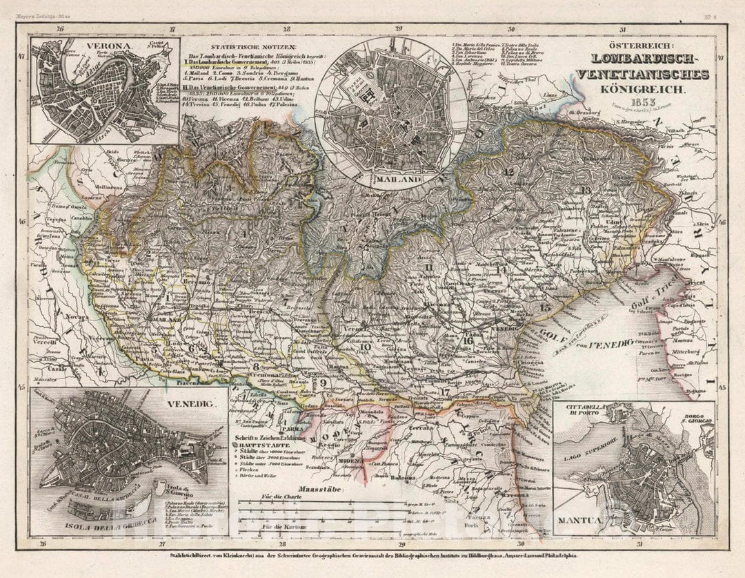 Historic Map : Italy, Lombardy (Italy) Osterreich: Lombardisch-Venetianisches Konigreich, 1853 Atlas , Vintage Wall Art
