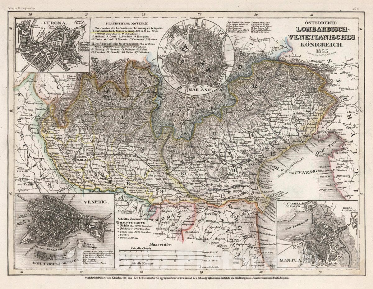 Historic Map : Italy, Lombardy (Italy) Osterreich: Lombardisch-Venetianisches Konigreich, 1853 Atlas , Vintage Wall Art