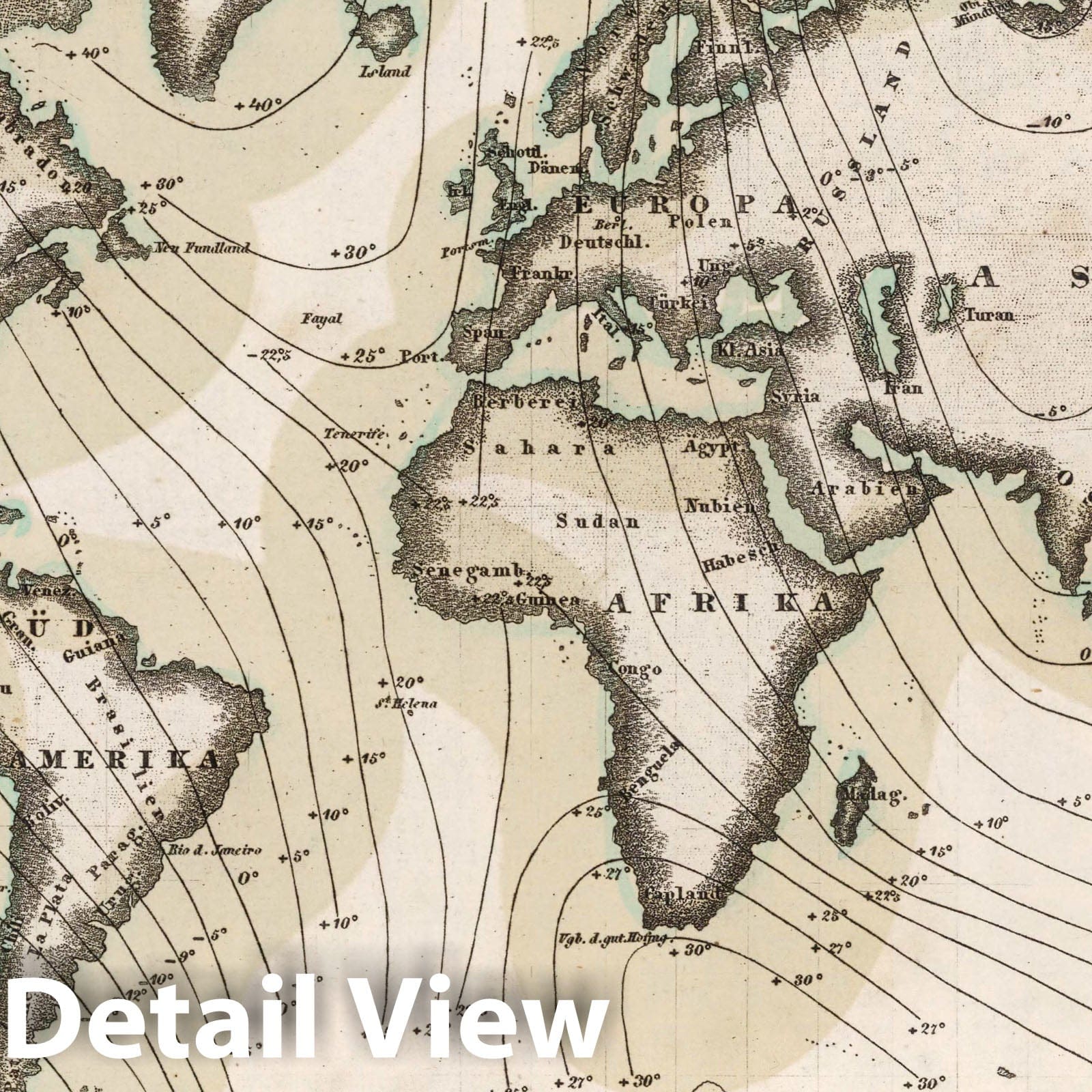 World Magnetic Declination - Physical Map, 1854 - Historical Map Print
