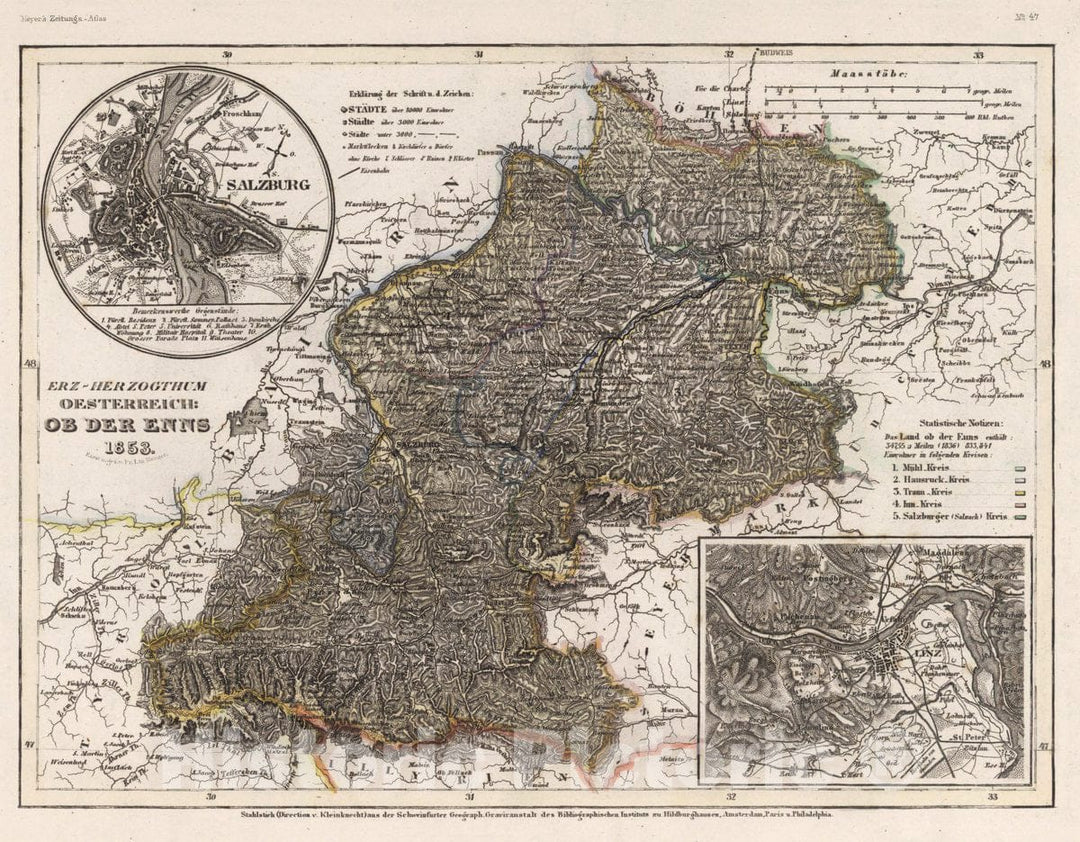 Historic Map : Austria, Erzherzogthums Oestreich : Ob Der Enns, 1852 Atlas , Vintage Wall Art