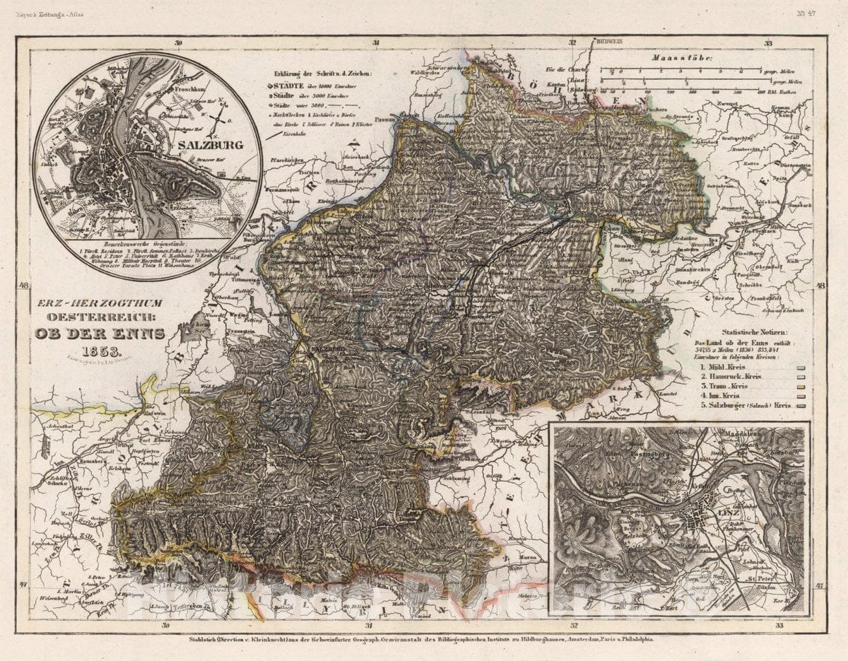 Historic Map : Austria, Erzherzogthums Oestreich : Ob Der Enns, 1852 Atlas , Vintage Wall Art