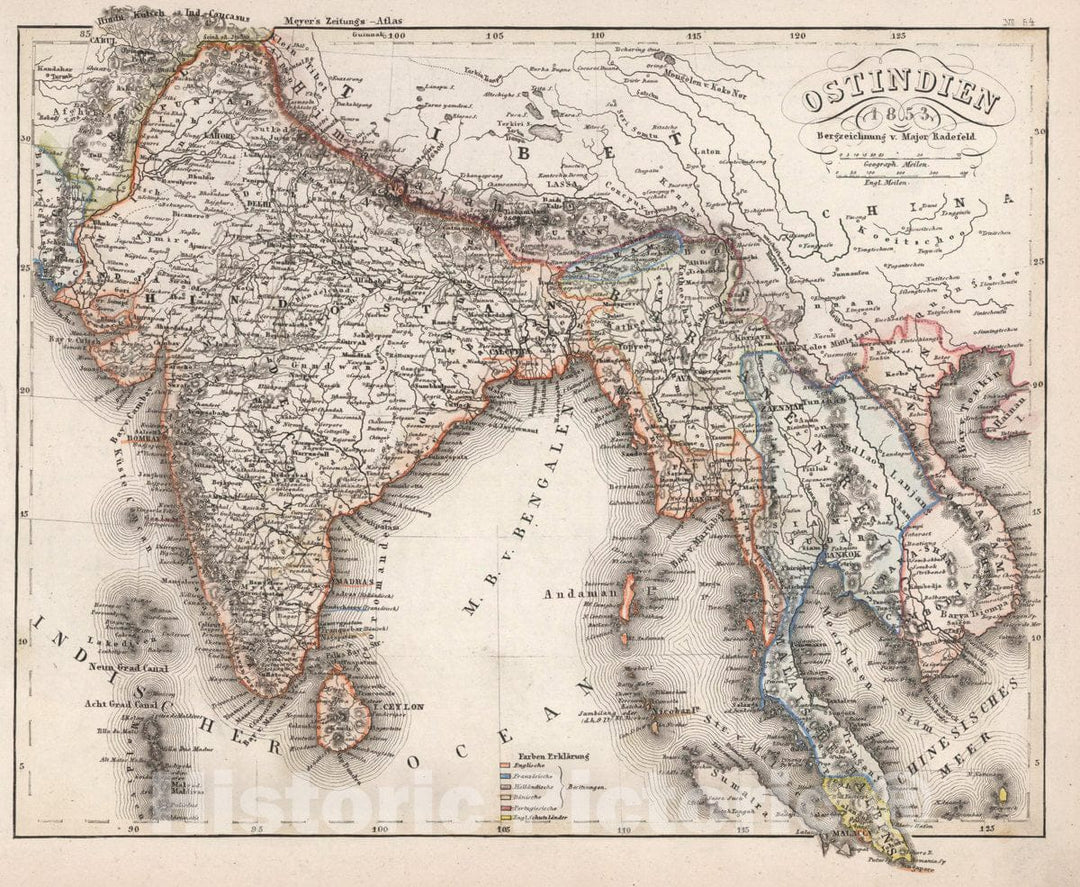 Historic Map : South Asia Ostindien 1853. Bergzeichnung vom Hauptmann Radefeld., Vintage Wall Art
