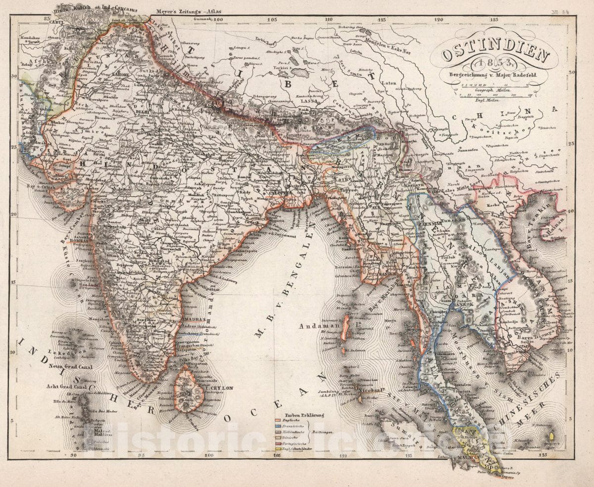 Historic Map : South Asia Ostindien 1853. Bergzeichnung vom Hauptmann Radefeld., Vintage Wall Art