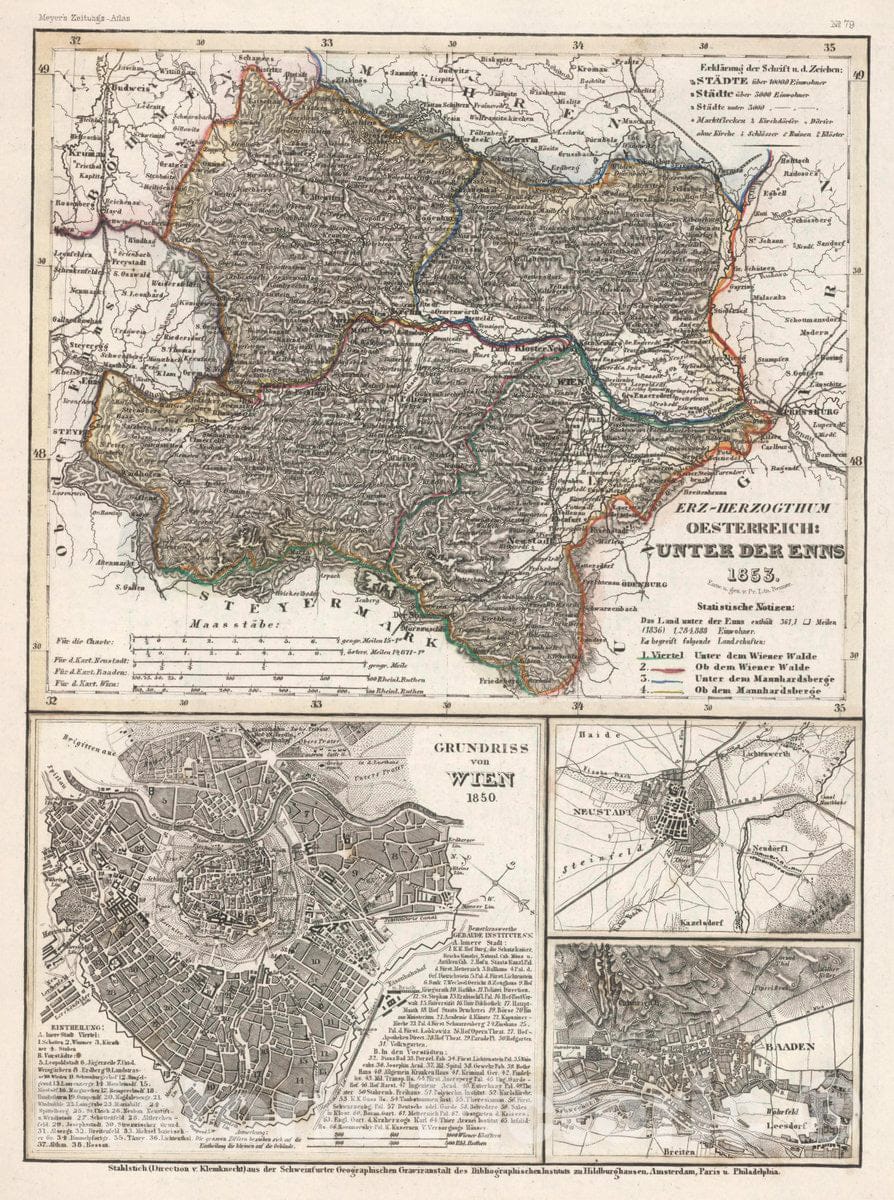 Historic Map : Austria, Erz-Herzogthum Oesterreich: Unter der Enns, 1853 Atlas , Vintage Wall Art