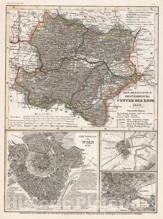 Historic Map : Austria, Erz-Herzogthum Oesterreich: Unter der Enns, 1853 Atlas , Vintage Wall Art