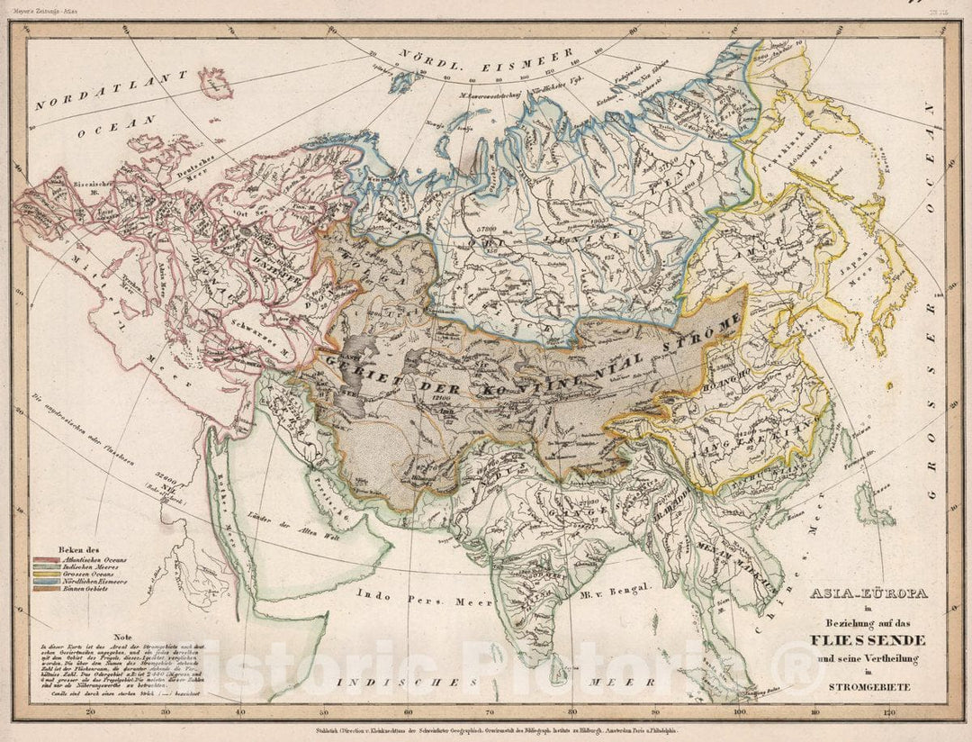 Historic Map : Asia-Europa; in Beziehung auf das Fliessende, und Seine Vertheilung in Stromgebiete, 1854 Atlas - Vintage Wall Art