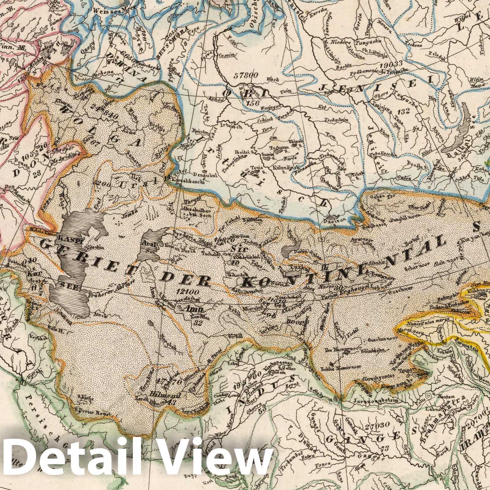 Asia and Europe - River Basins, 1854 - Historical Map Print