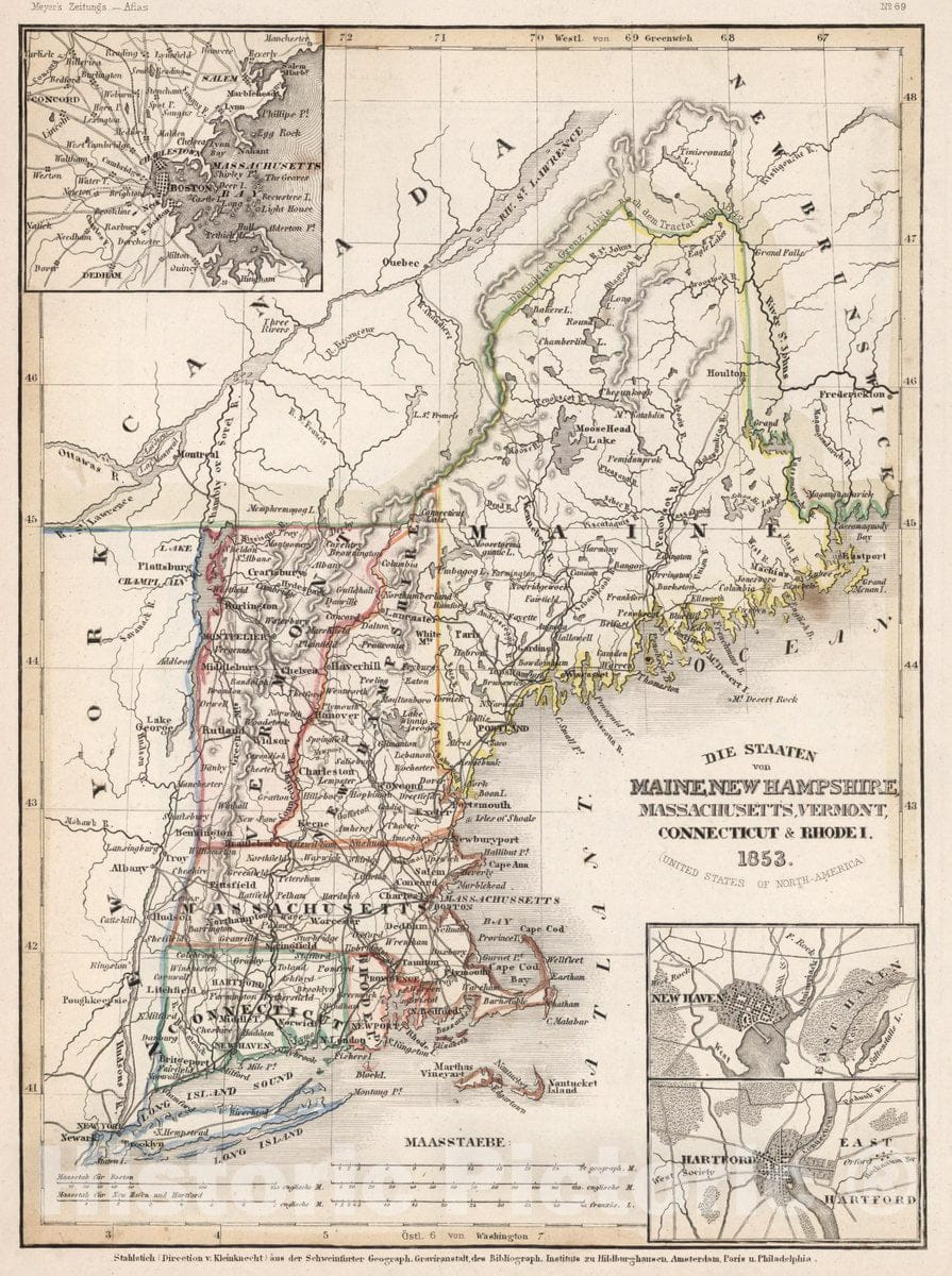 Historic Map : Die staaten Maine, New Hampshire, Massachusetts, Vermont, Connecticut & Rhode I, 1853 Atlas - Vintage Wall Art