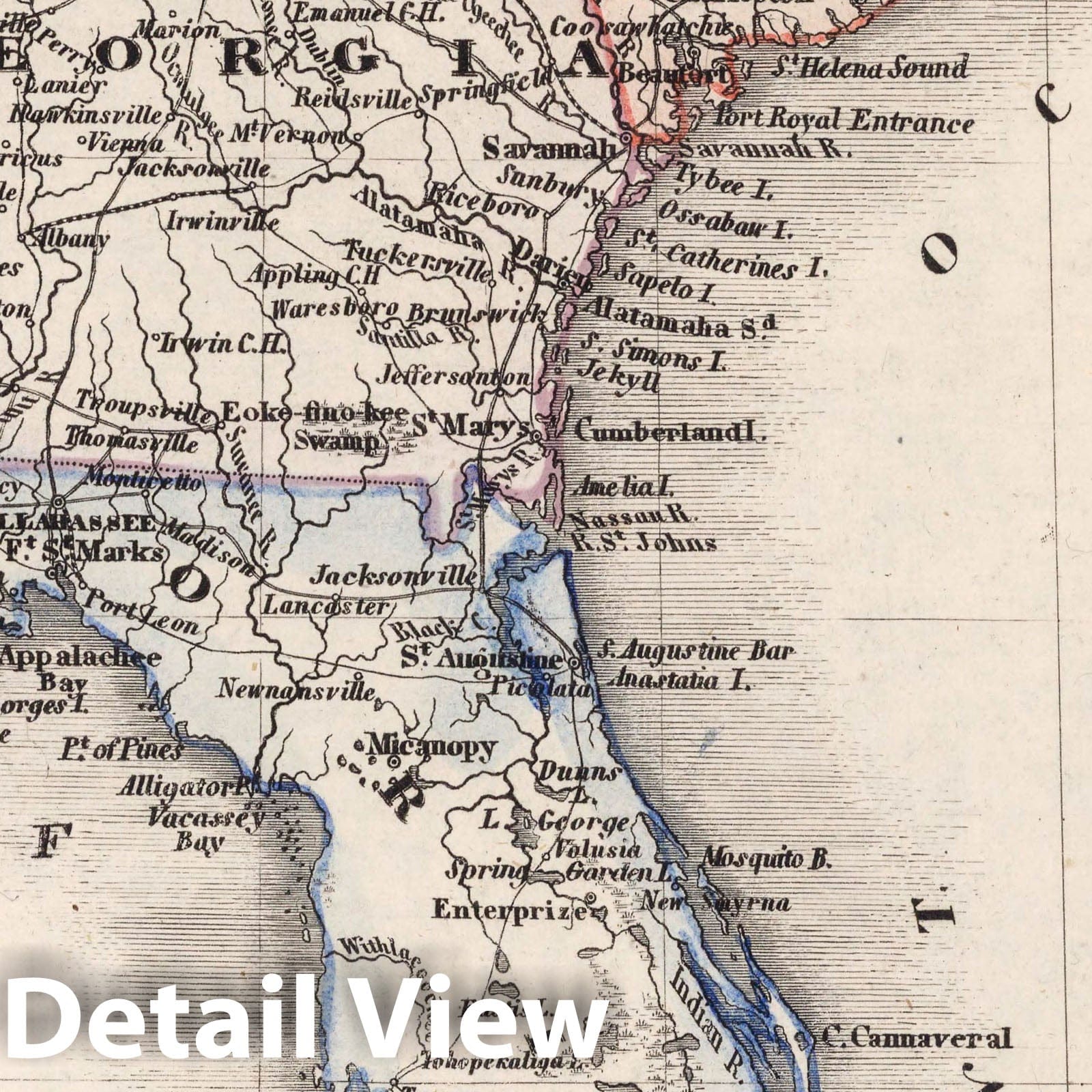 North and South Carolina, Georgia, and Florida 1853 - Historical Map Print