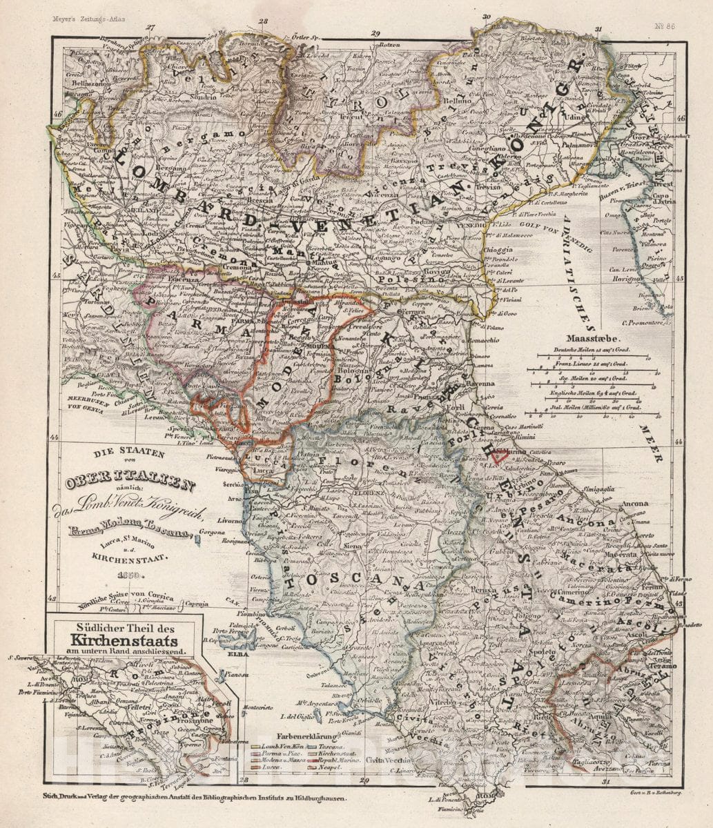 Historic Map : Italy, Die Staaten von Ober Italien namlich : das Lomb. Venet. Konigreich, Parma, Modena, 1850 Atlas , Vintage Wall Art