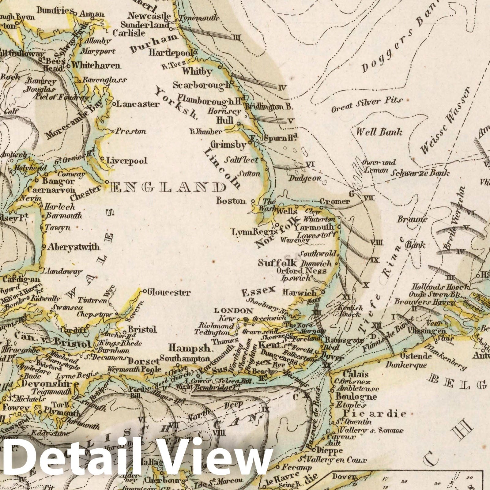 North Sea and English Channel with Pas-de-Calais - 1854 Historical Nautical Map