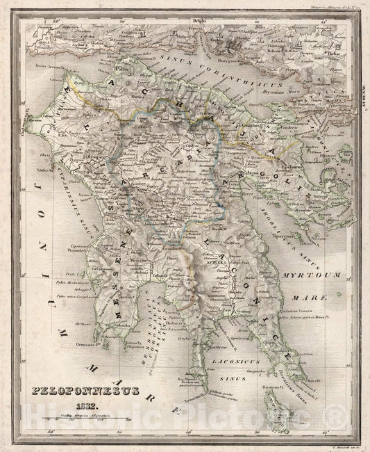Historic Map : Peloponnesus 1832.C. Metzeroth sen. sc. (In upper margin) Meyer's in 64K. No. 23. (to accompany: Meyer's Zeitungs und Groschen aller Land, 1832Vintage Wall Art