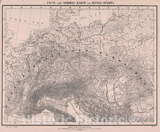 Historic Map : Fluss - und Gebirgs - Karte von Mittel - Eueropa, 1847 Atlas - Vintage Wall Art