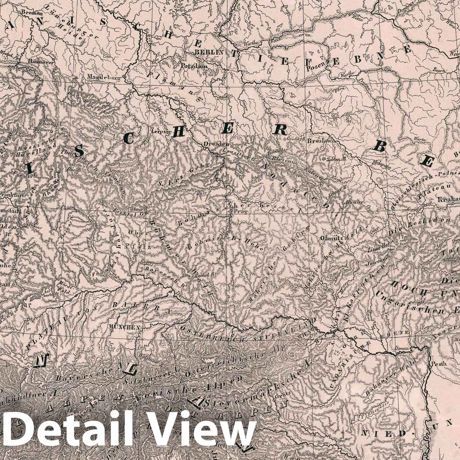 Central Europe - Physical Map, 1847 - Historical Topographic Map Print