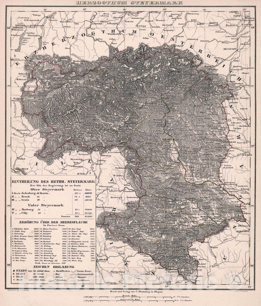 Historic Map : Austria, Herzogthum Steyermark, 1847 Atlas , Vintage Wall Art