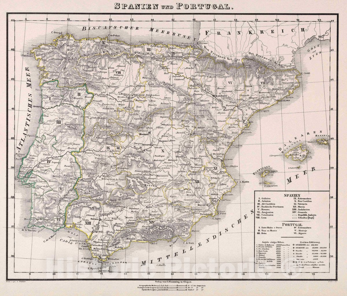 Historic Map : Spain, Spanien und Portugal, 1847 Atlas , Vintage Wall Art