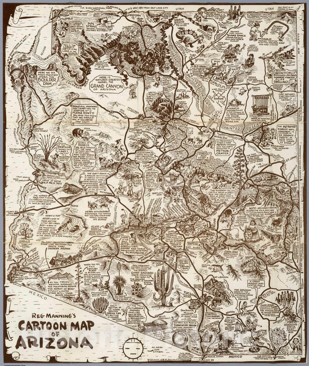 Historic Map : Reg Manning's Cartoon Map of Arizona, 1938 Guide Book - Vintage Wall Art