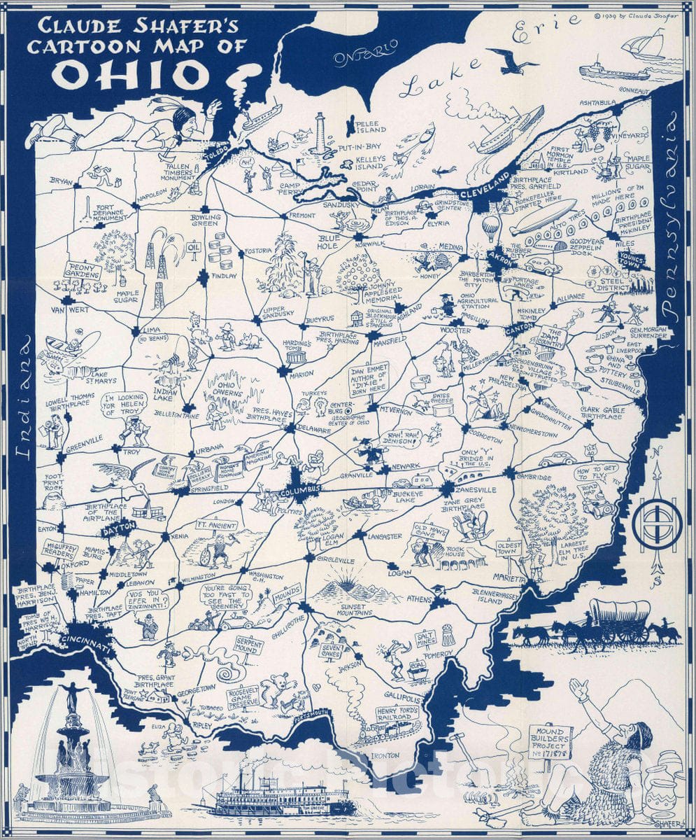 Historic Map : Claude Shafer's Cartoon Guide of Ohio, 1939 Guide Book - Vintage Wall Art
