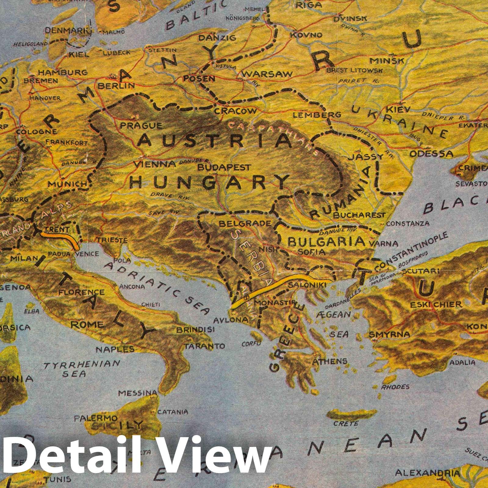 World War I: European Battle Fronts - Pictorial Map, 1918
