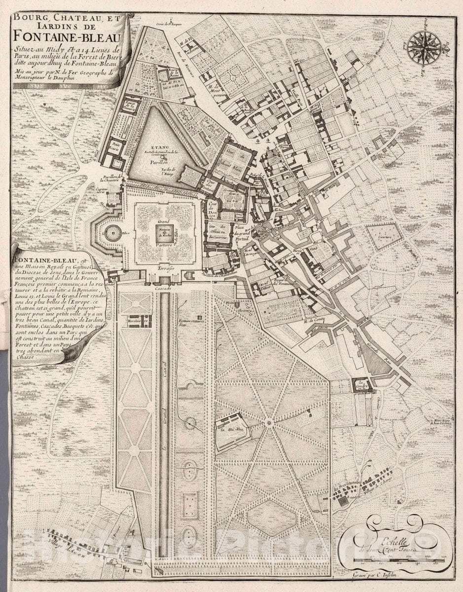 Historic Map : Bourg Chateau et Jardins de Fontaine-Bleau, 1697 Atlas - Vintage Wall Art