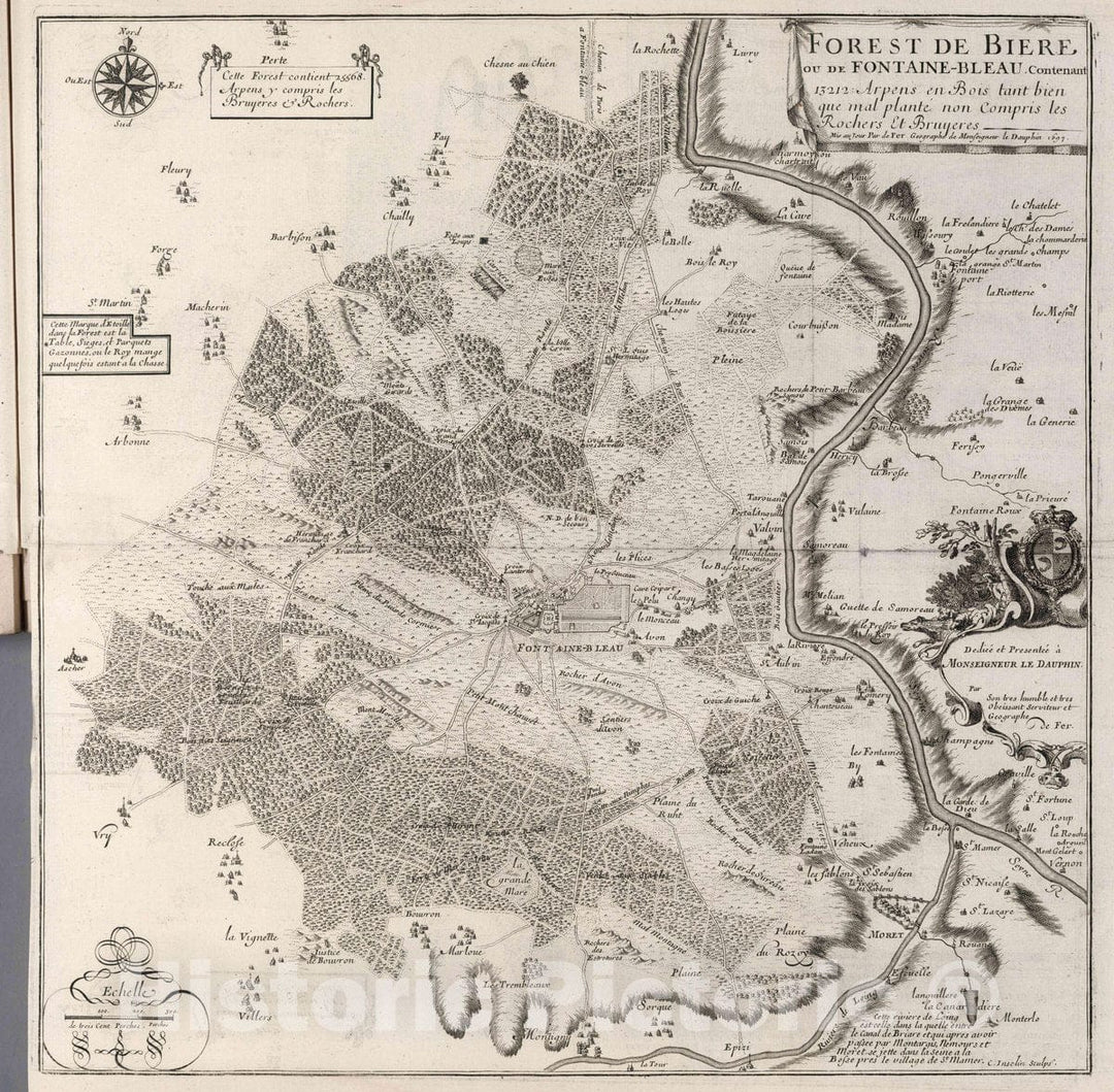 Historic Map : Forest de Biere ou de Fontaine-Bleau, France, 1697 Atlas - Vintage Wall Art