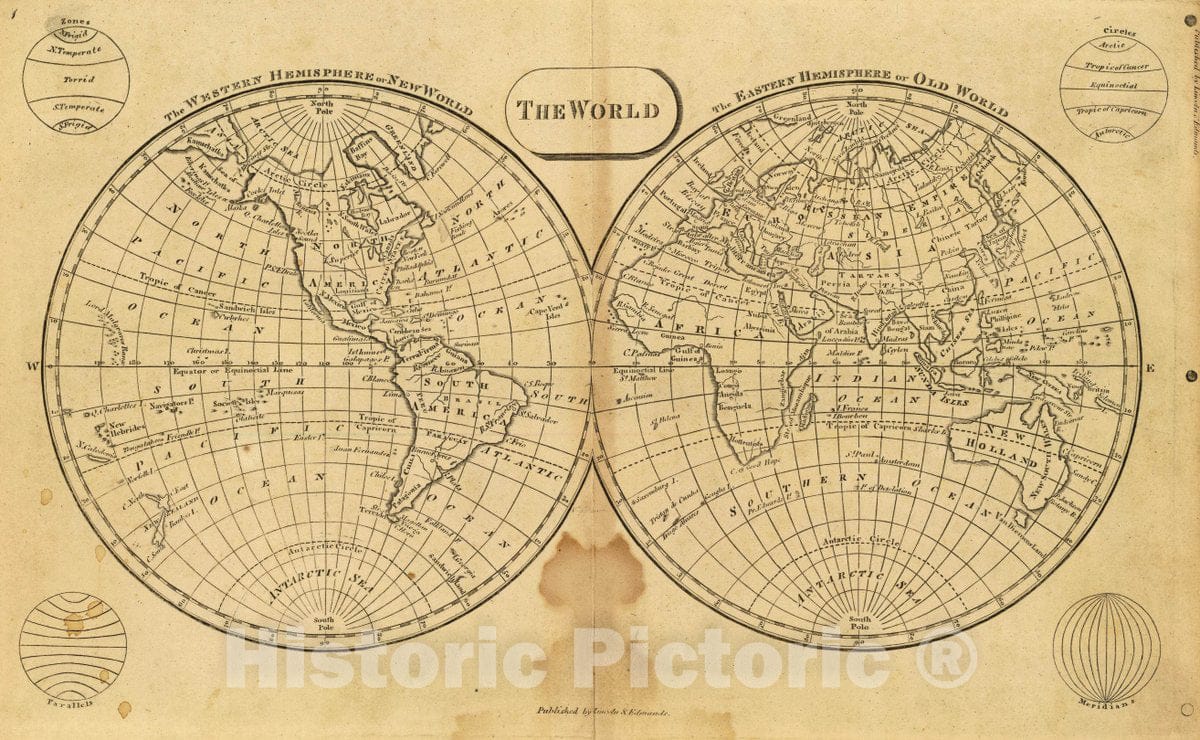 Historic Map : 1819 School Atlas - The World. Published by Lincoln & Edmands, (1819) - Vintage Wall Art