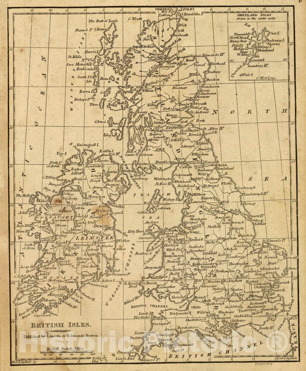 Historic Map : British Isles. (with) Shetland Isles. Withington sculp. (Published by Lincoln & Edmands, 1819), 1819 Atlas - Vintage Wall Art