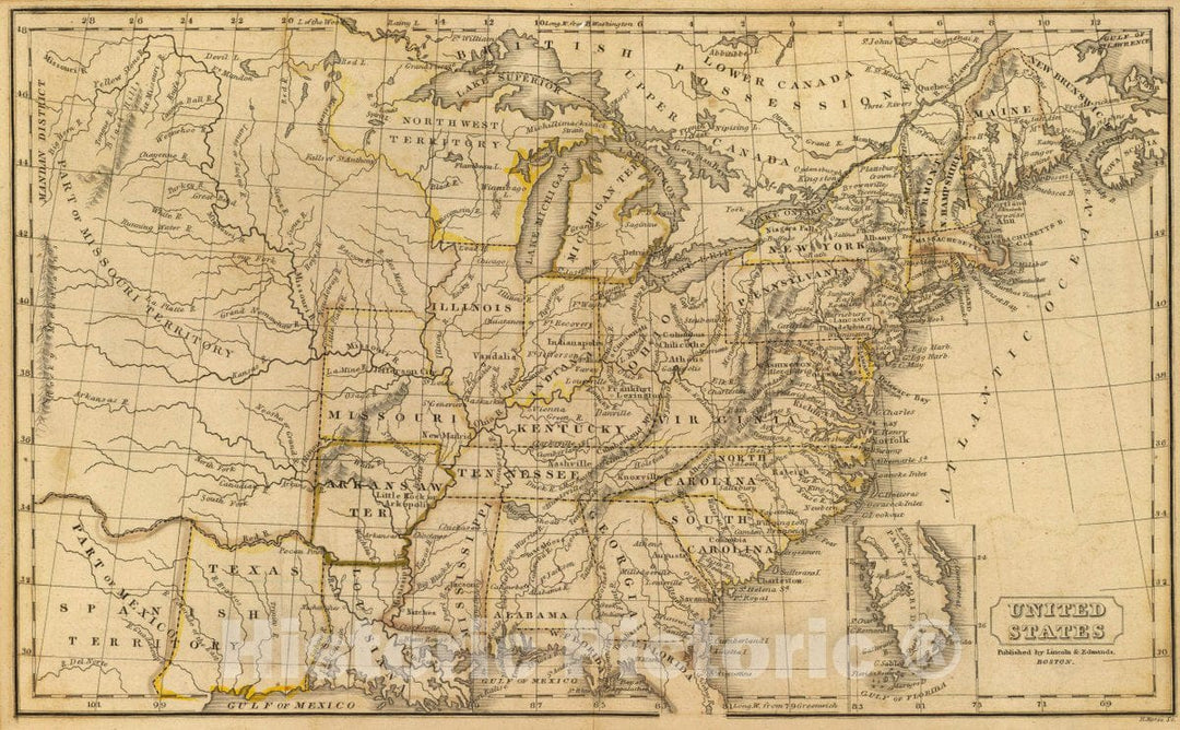 Historic Map : 1832 School Atlas - United States. H. Morse Sc. Published by Lincoln & Edmands, Boston. (1832) - Vintage Wall Art