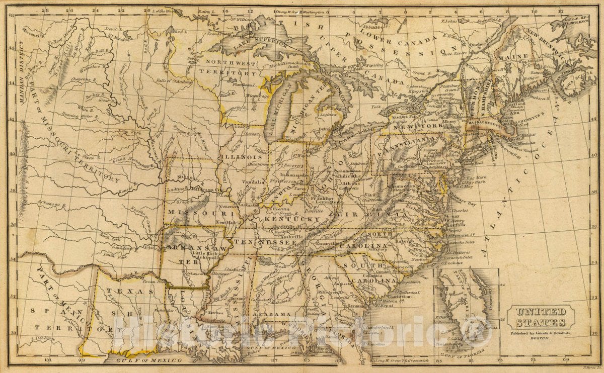Historic Map : 1832 School Atlas - United States. H. Morse Sc. Published by Lincoln & Edmands, Boston. (1832) - Vintage Wall Art