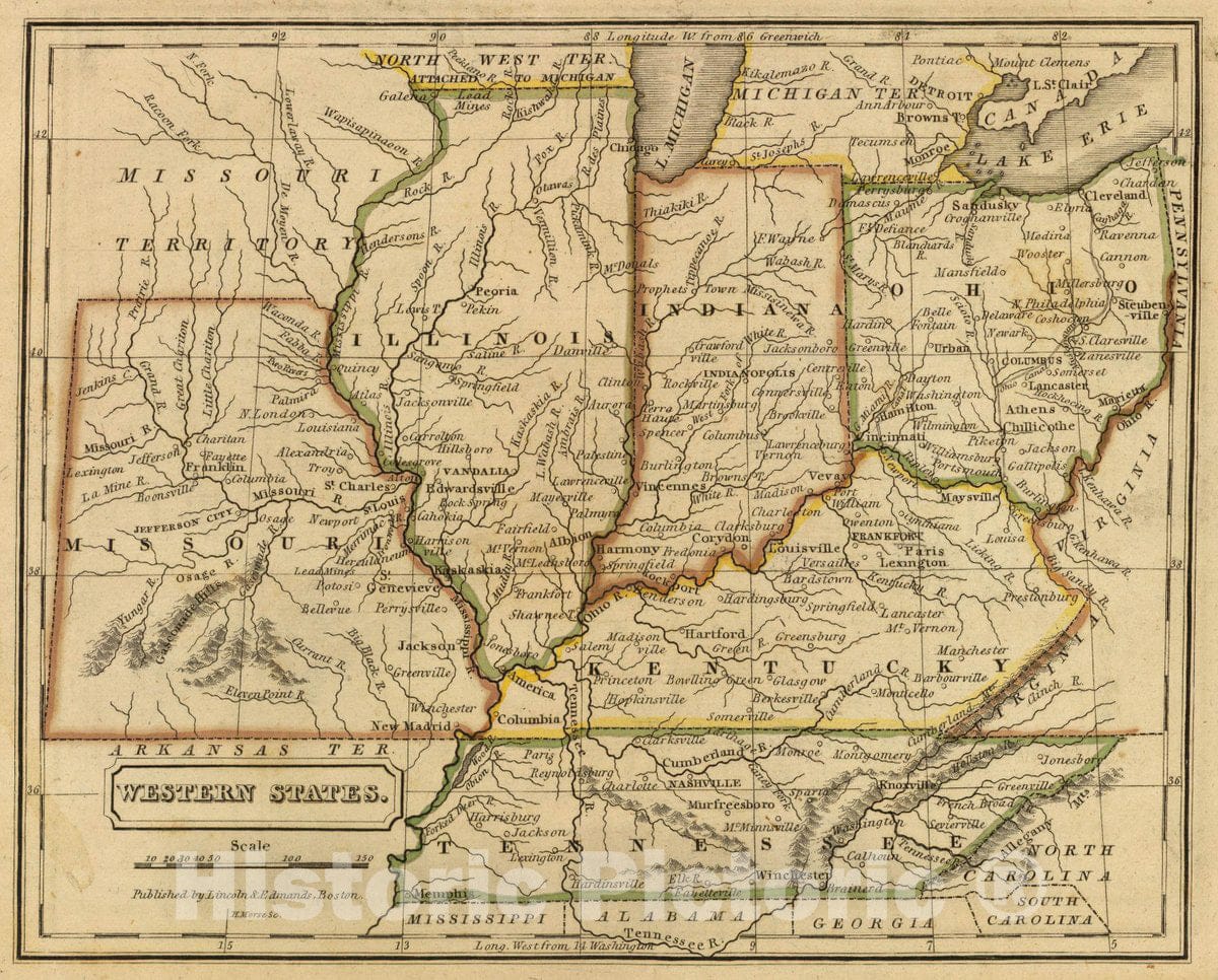 Historic Map : Western States. H. Morse Sc. Published by Lincoln & Edmands, Boston. (1832), 1832 Atlas - Vintage Wall Art
