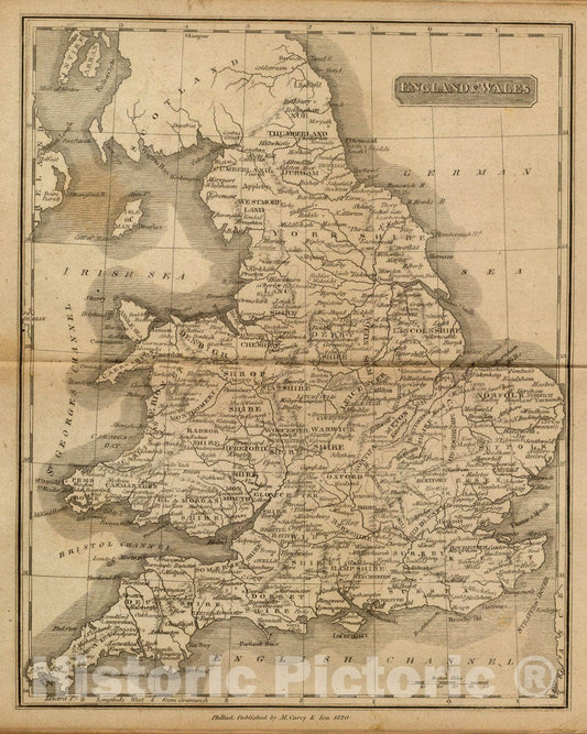 Historic Map : England & Wales. Philad, Published by M. Carey & Son, 1820. (1825), 1825 Atlas - Vintage Wall Art