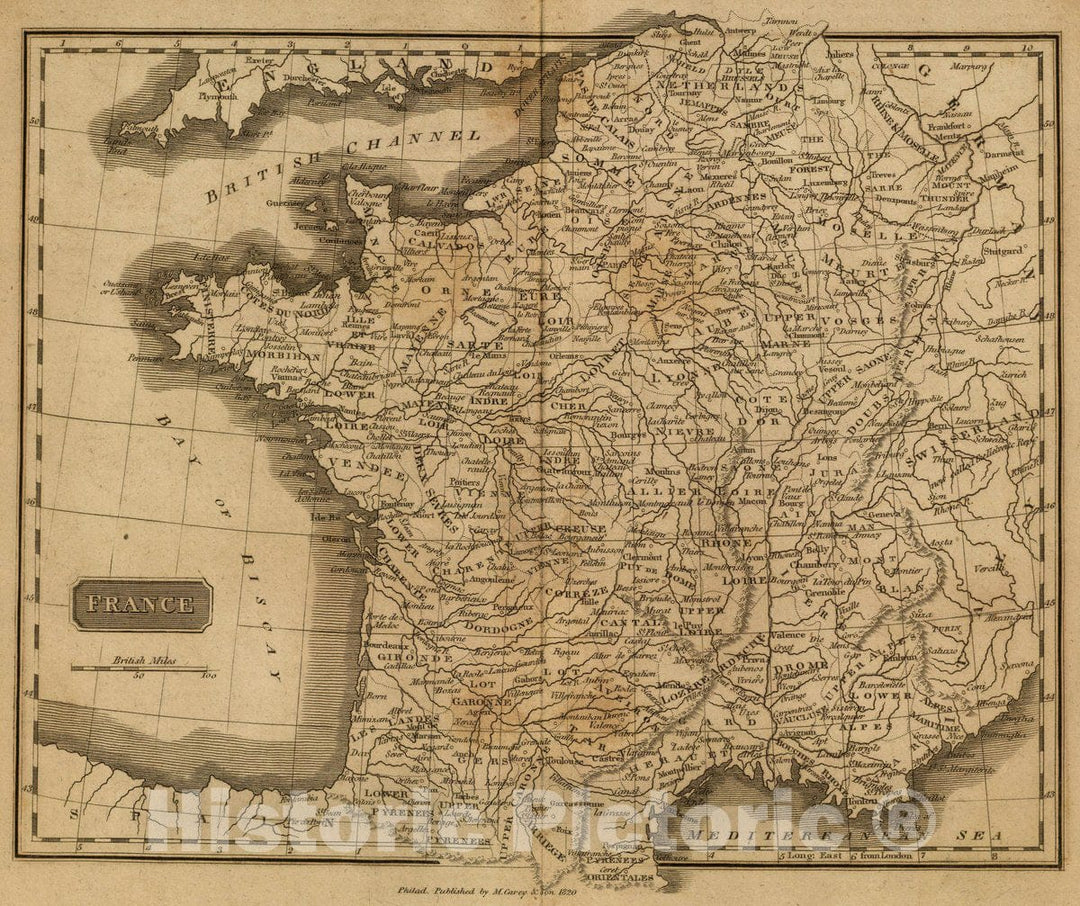 Historic Map : France. Philad, Published by M. Carey & Son, 1820. (1825), 1825 Atlas - Vintage Wall Art