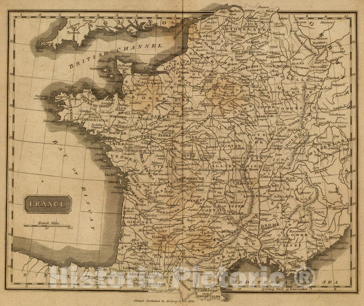 Historic Map : France. Philad, Published by M. Carey & Son, 1820. (1825), 1825 Atlas - Vintage Wall Art